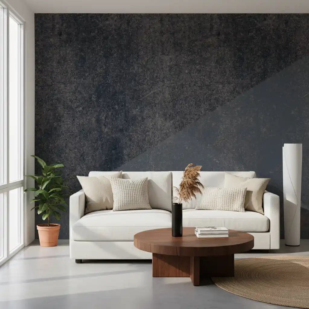 Charcoal and steel blue diagonal wall mural with weathered grainy finish in living room GD10882 