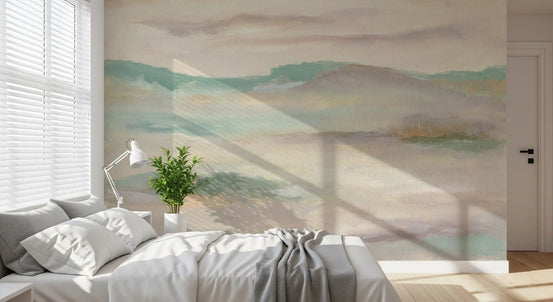 Pastel abstract landscape mural with misty hills in sage green and mauve for bedroom GD10883 