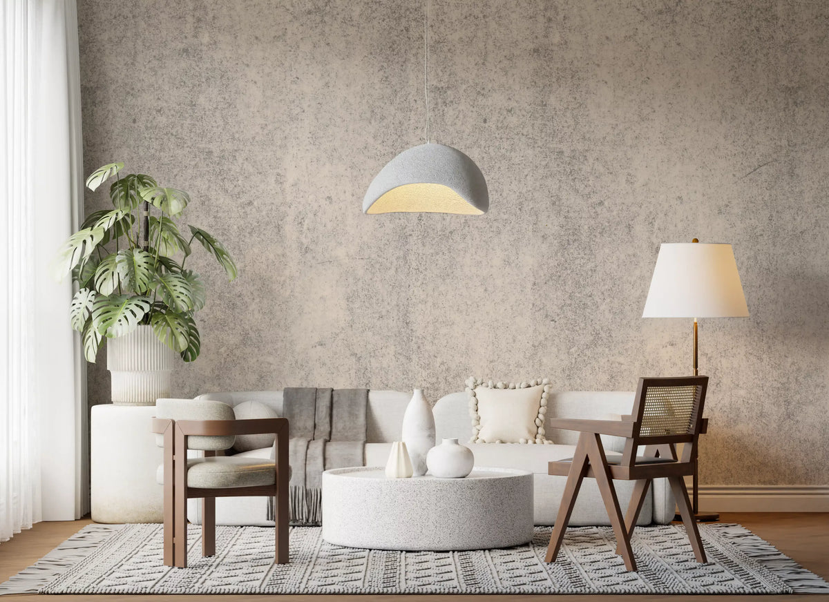 Aged concrete plaster wall mural in soft grey and warm cream tones for living room GD10884
