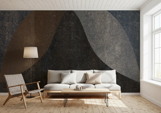 Abstract wall mural with overlapping brown, charcoal, and slate blue arches in living room GD10885