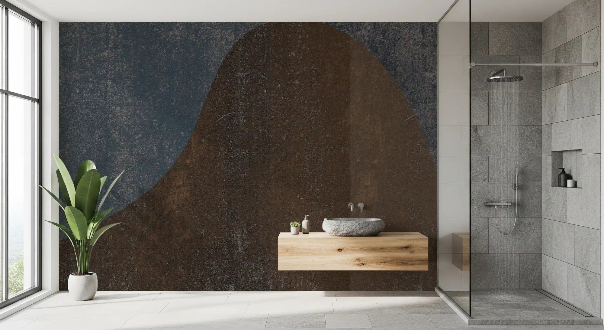 Rustic dune abstract mural with brown curve on slate blue backdrop in bathroom GD10886