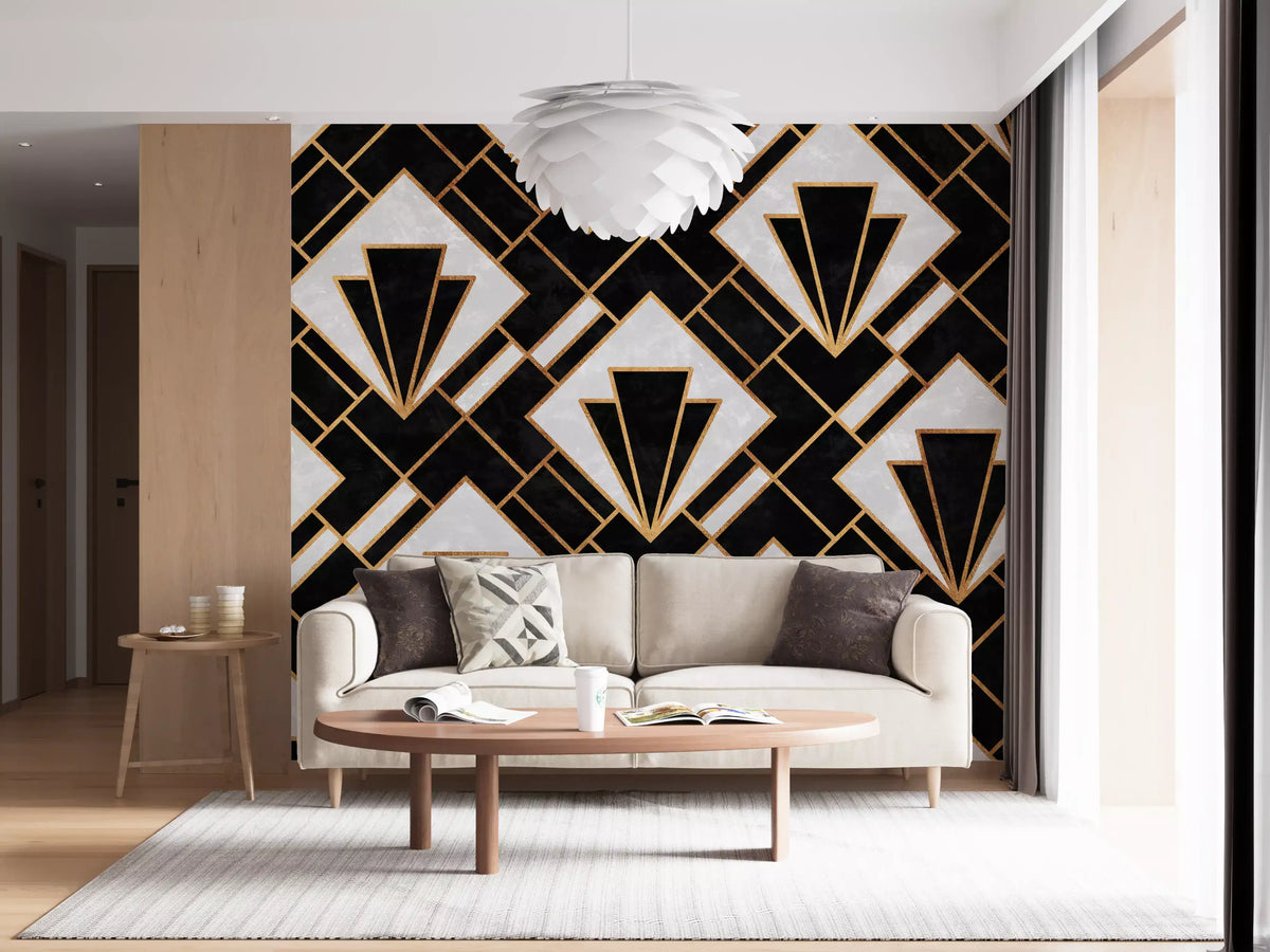 Art Deco pattern wall mural with black, ivory, and copper geometric fans in living room GD10888 