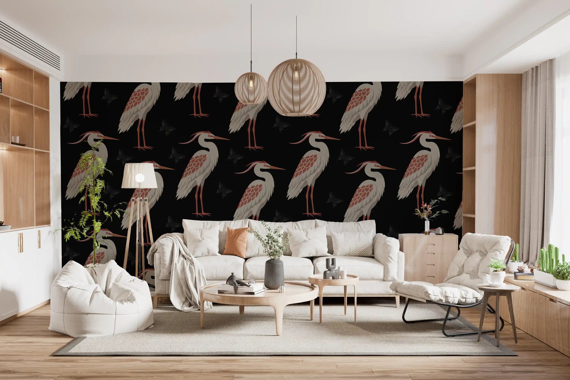 Heron pattern wall mural with cream and rust birds on black background in living room GD10889 