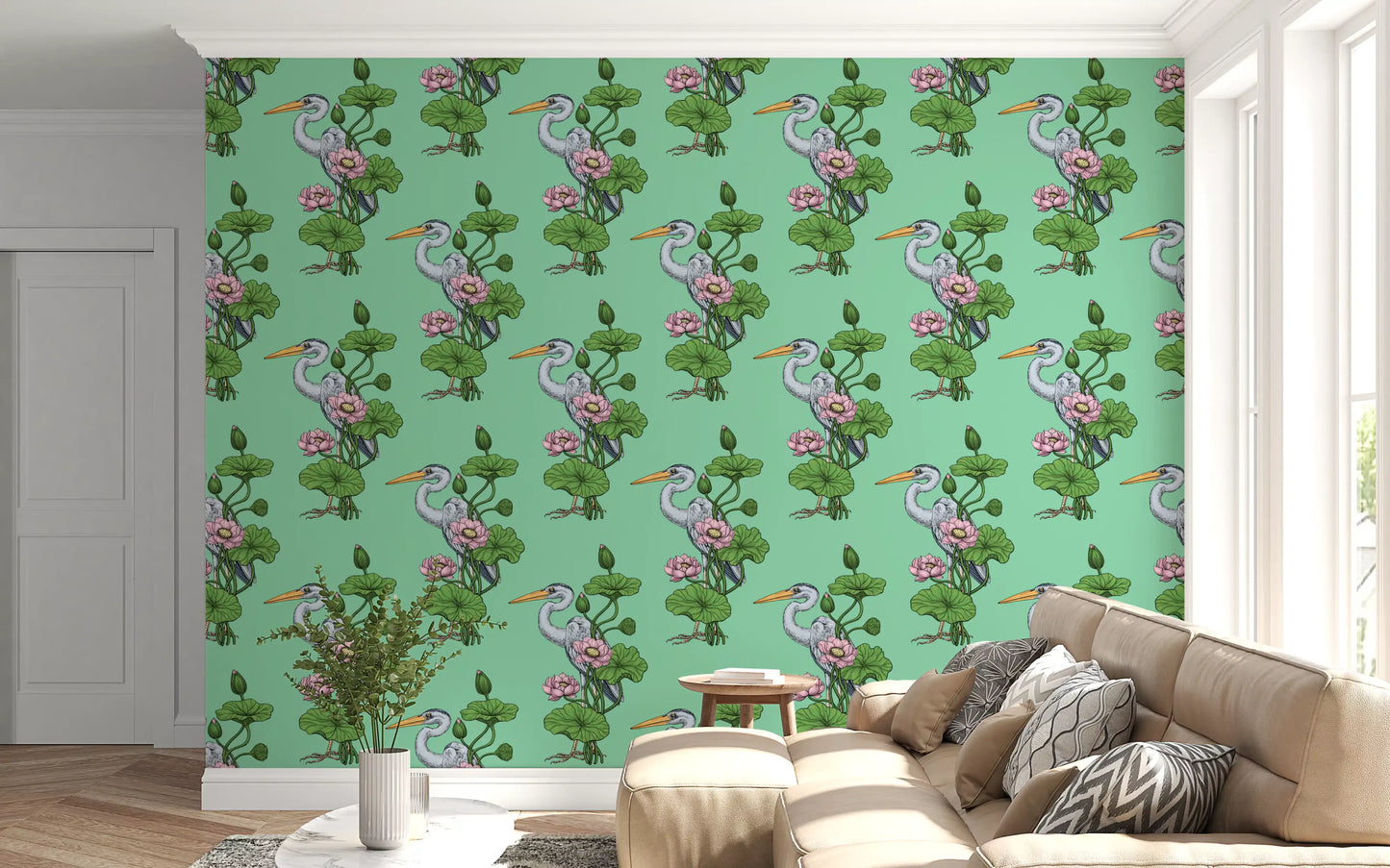 Heron in the Pink Lotus Garden on jade Wallpaper⁠