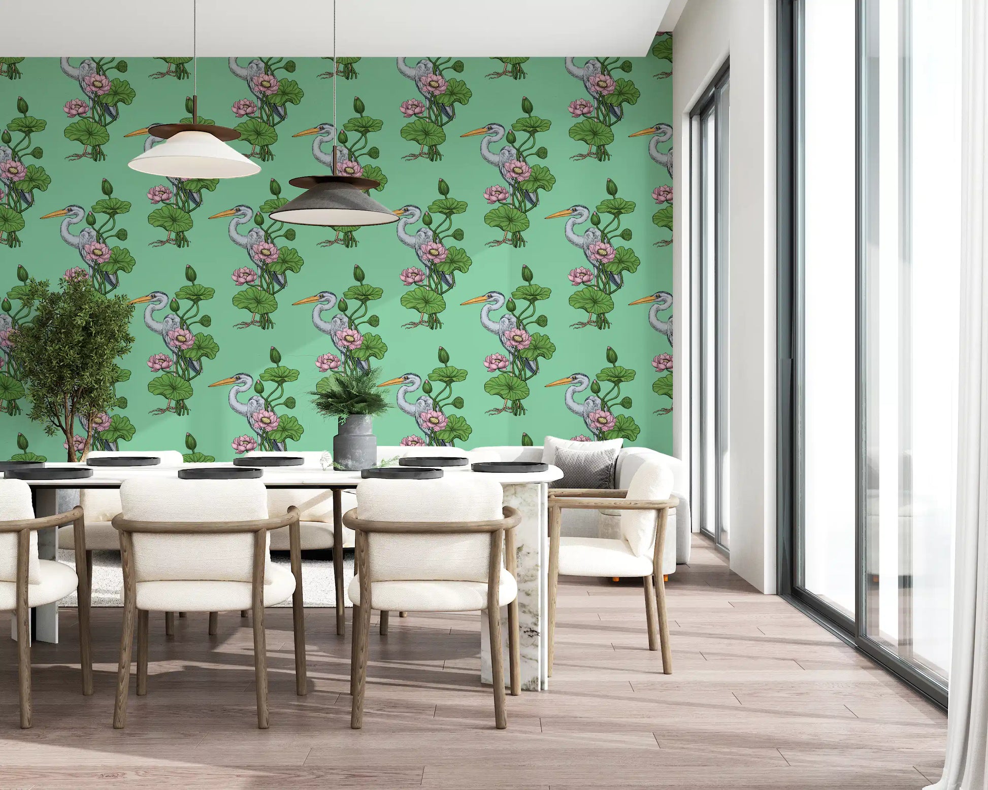 Heron in the Pink Lotus Garden on jade Wallpaper⁠