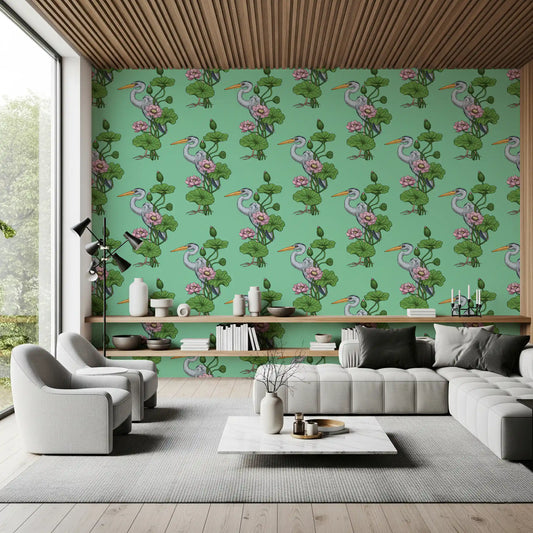 Heron pattern wallpaper with pink lotus blooms on jade green ground in living room GD1089