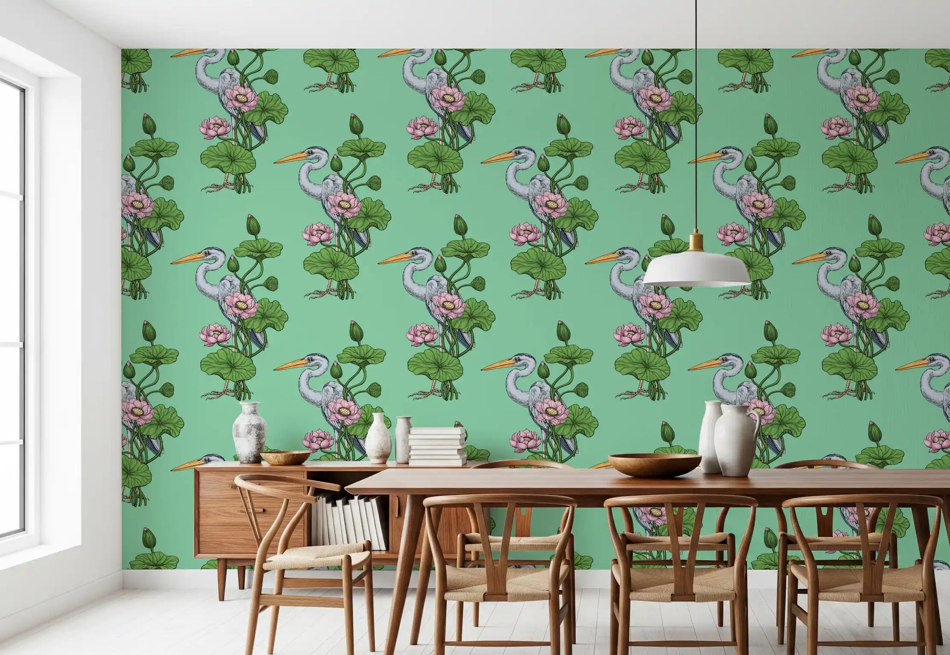 Heron in the Pink Lotus Garden on jade Wallpaper⁠