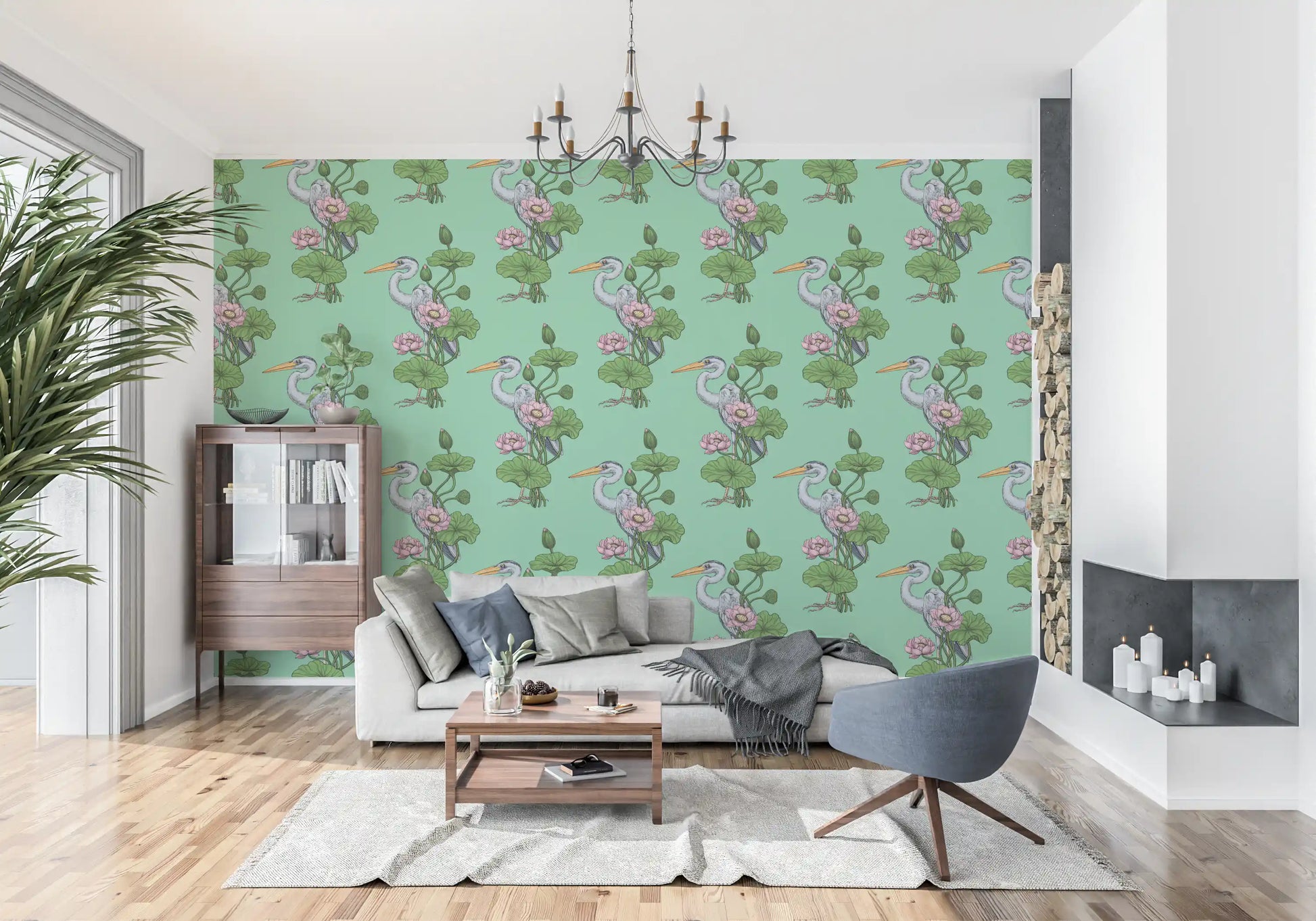 Heron in the Pink Lotus Garden on jade Wallpaper⁠