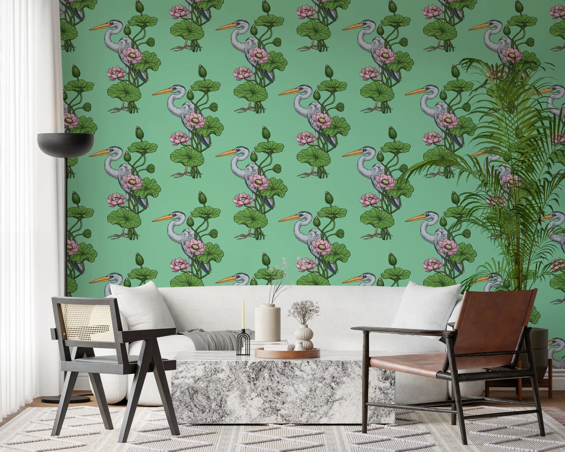 Heron in the Pink Lotus Garden on jade Wallpaper⁠