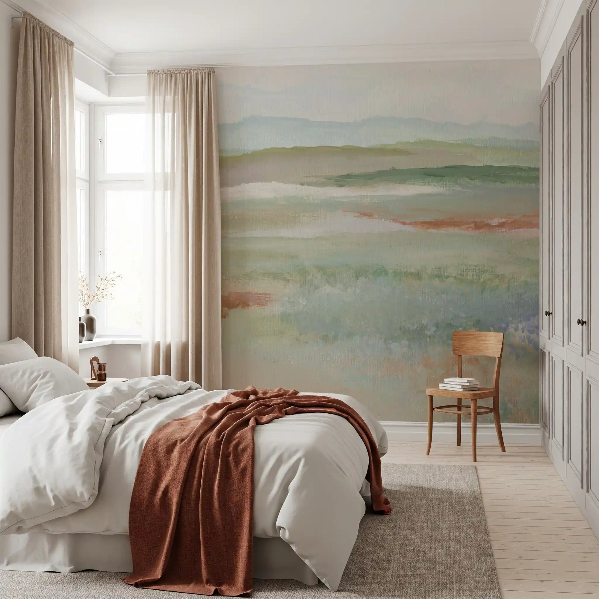 Abstract meadow landscape mural with sage green, terracotta and dusty blue tones in bedroom GD10891