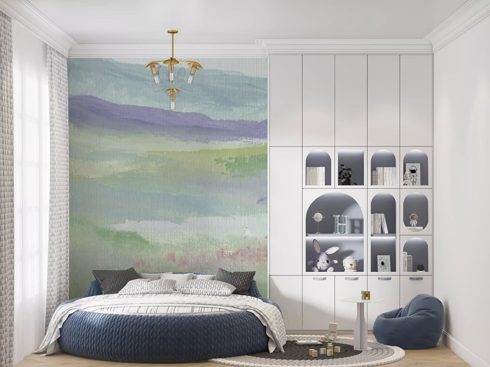 Pastel lavender meadow mural with misty hills and soft green fields in bedroom GD10892 