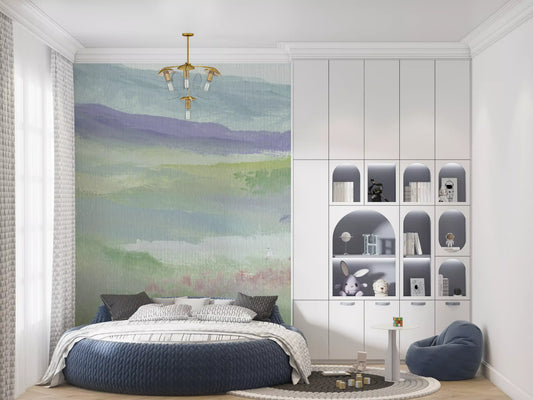 Pastel lavender meadow mural with misty hills and soft green fields in bedroom GD10892 