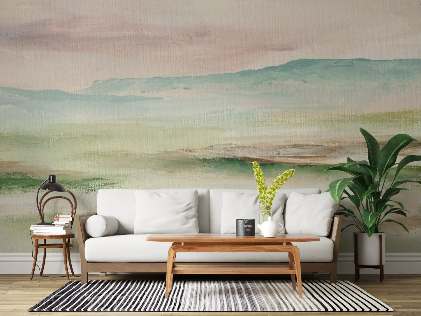 Impressionist Sage and Blush Mountain Mural Wall Mural