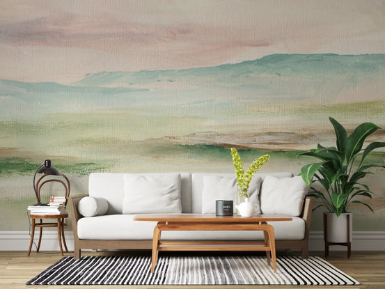 Impressionist mountain mural with blush sky and sage green fields living room  GD10893