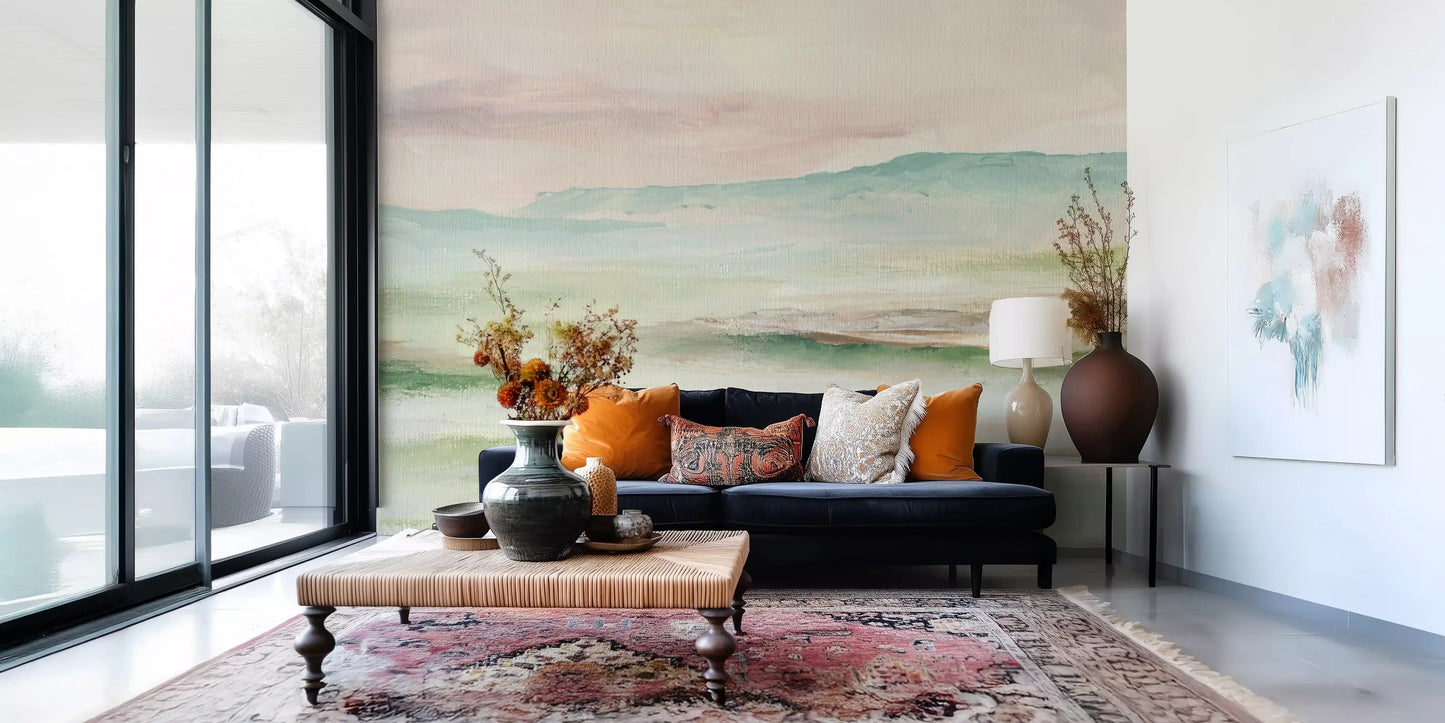 Impressionist Sage and Blush Mountain Mural Wall Mural