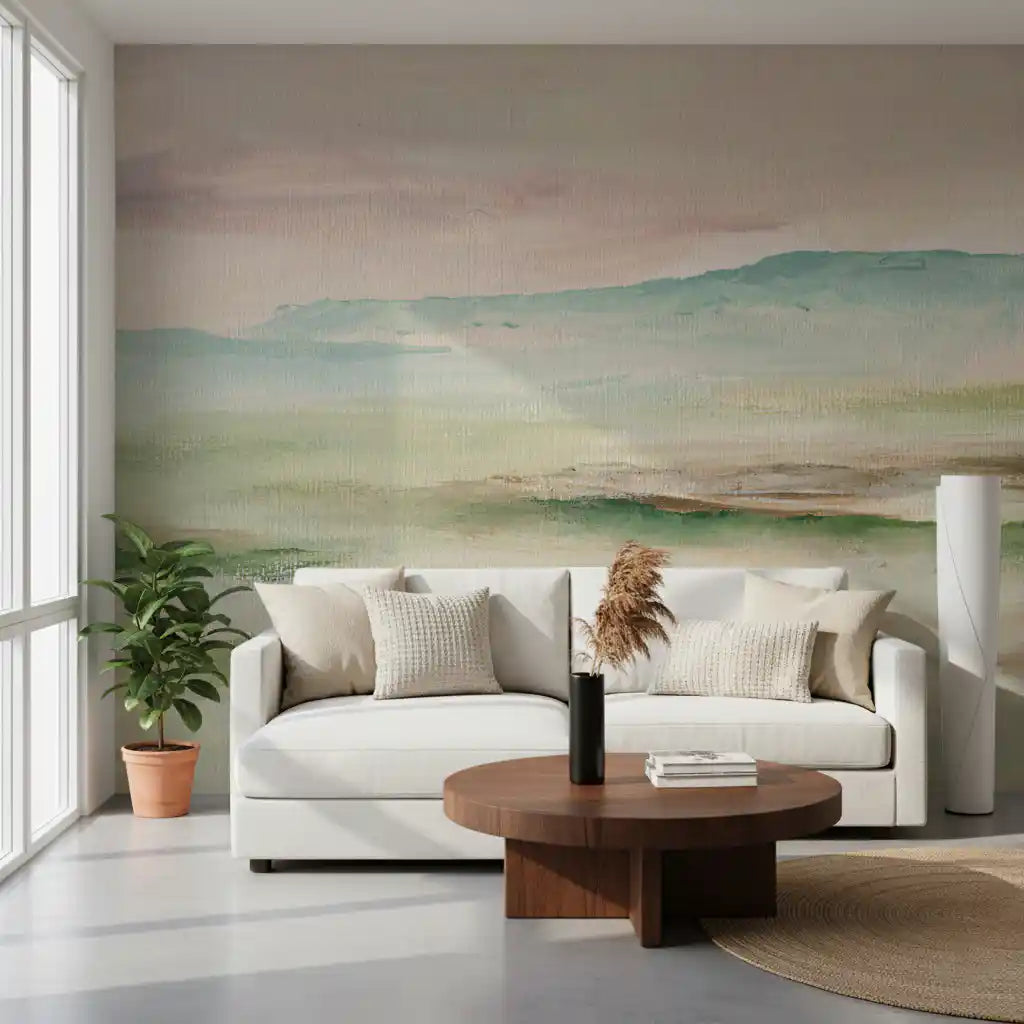 Impressionist Sage and Blush Mountain Mural Wall Mural