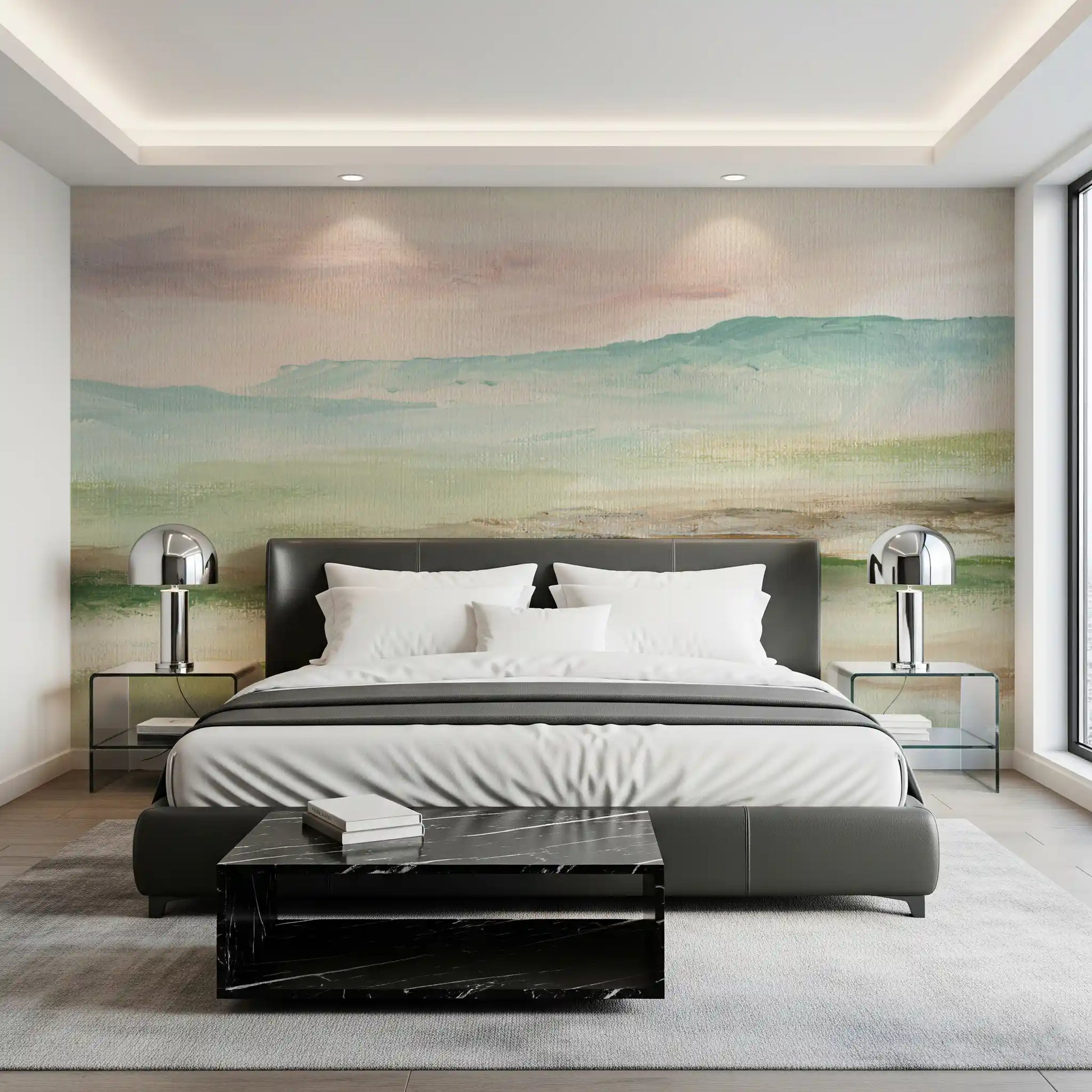 Impressionist Sage and Blush Mountain Mural Wall Mural