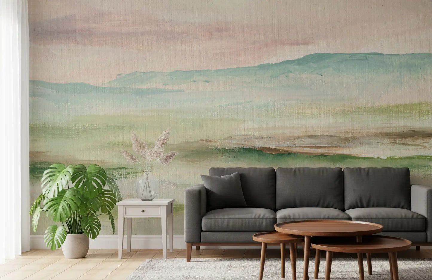 Impressionist Sage and Blush Mountain Mural Wall Mural