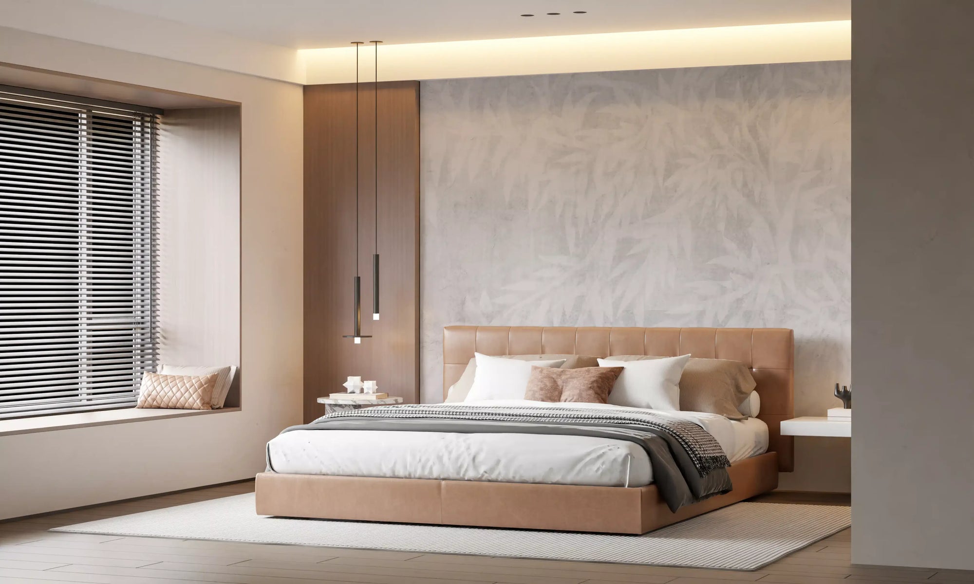 Pale alabaster foliage mural with bamboo leaves on soft grey concrete in bedroom GD10894 