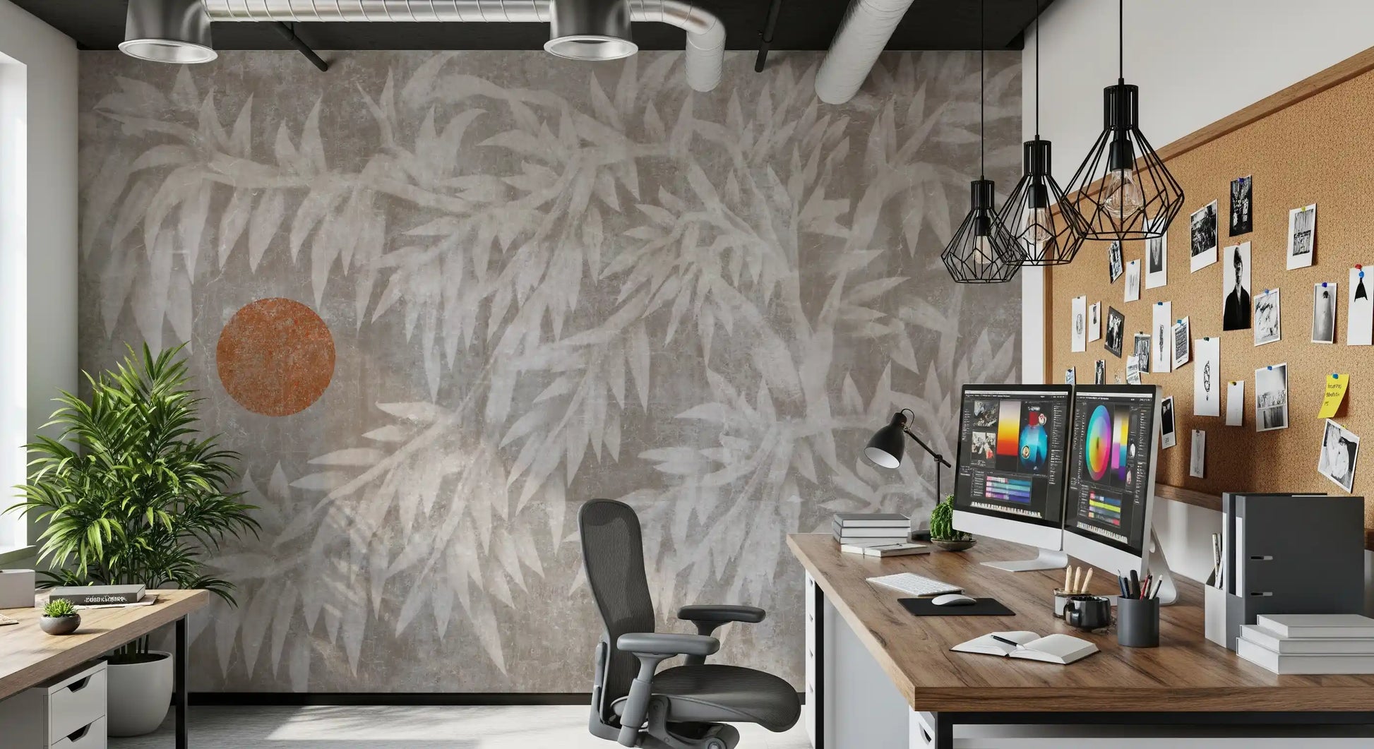 Rustic Japandi Sun and Foliage Wall Mural