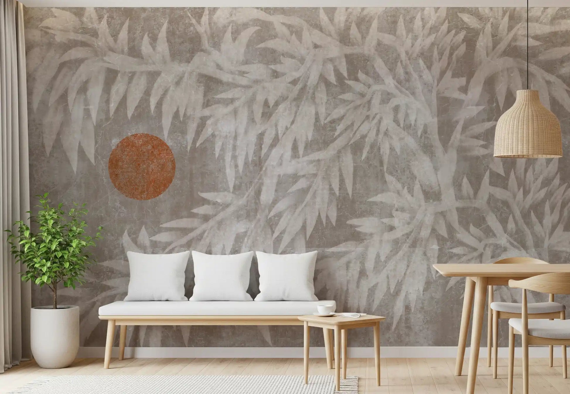 Rustic Japandi Sun and Foliage Wall Mural