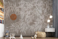 Rustic Japandi Sun and Foliage Wall Mural