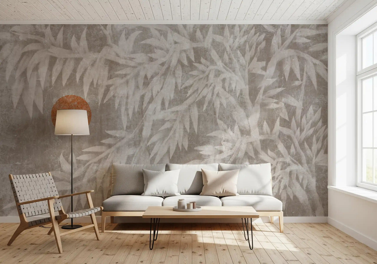 Rustic Japandi Sun and Foliage Wall Mural