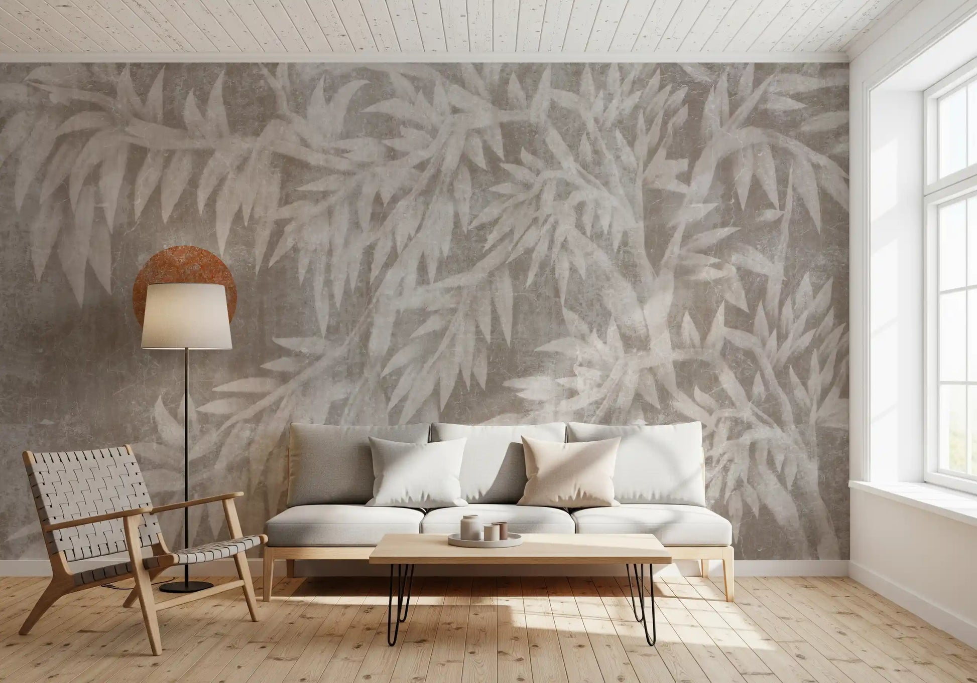 Rustic Japandi Sun and Foliage Wall Mural