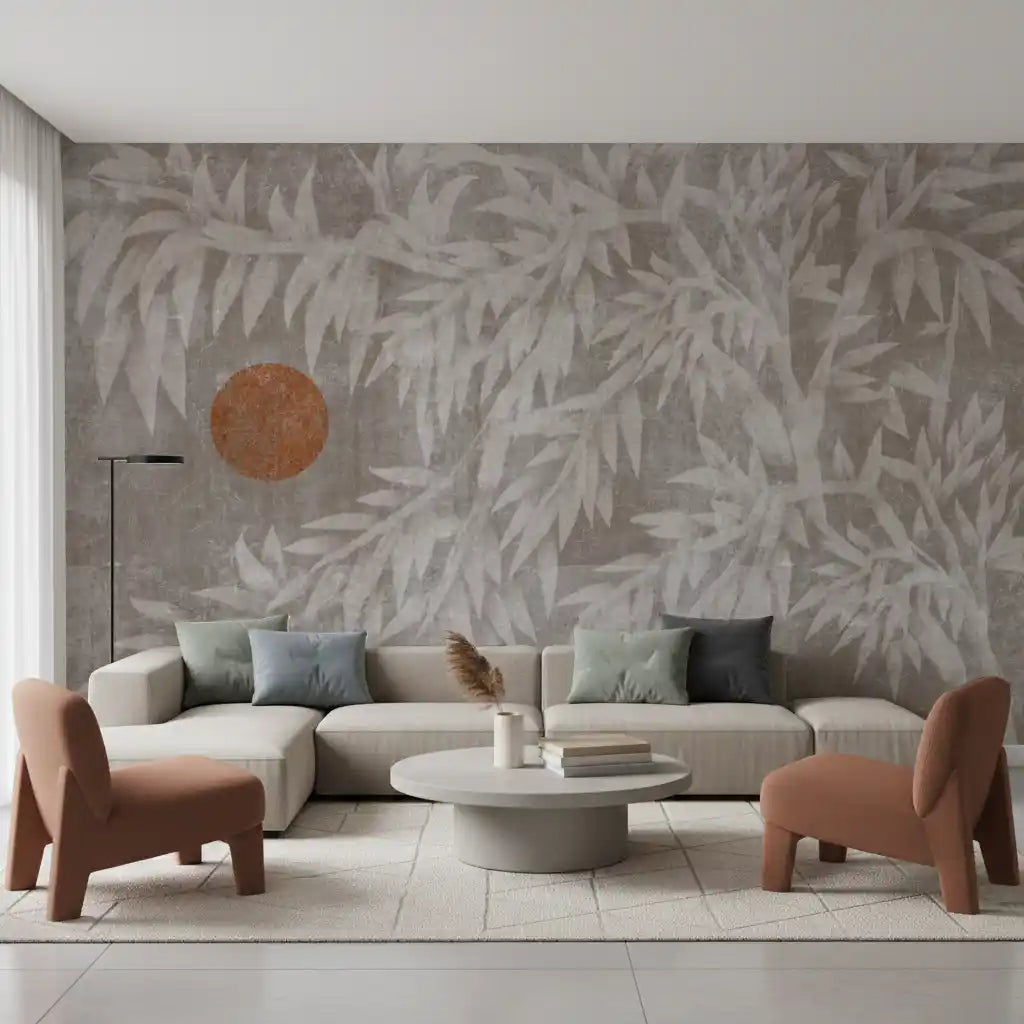 Japandi mural with cream willow foliage and terracotta sun in living room GD10896