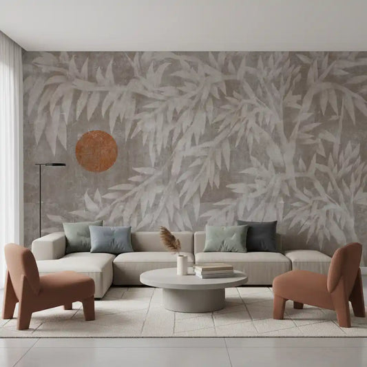 Japandi mural with cream willow foliage and terracotta sun in living room GD10896