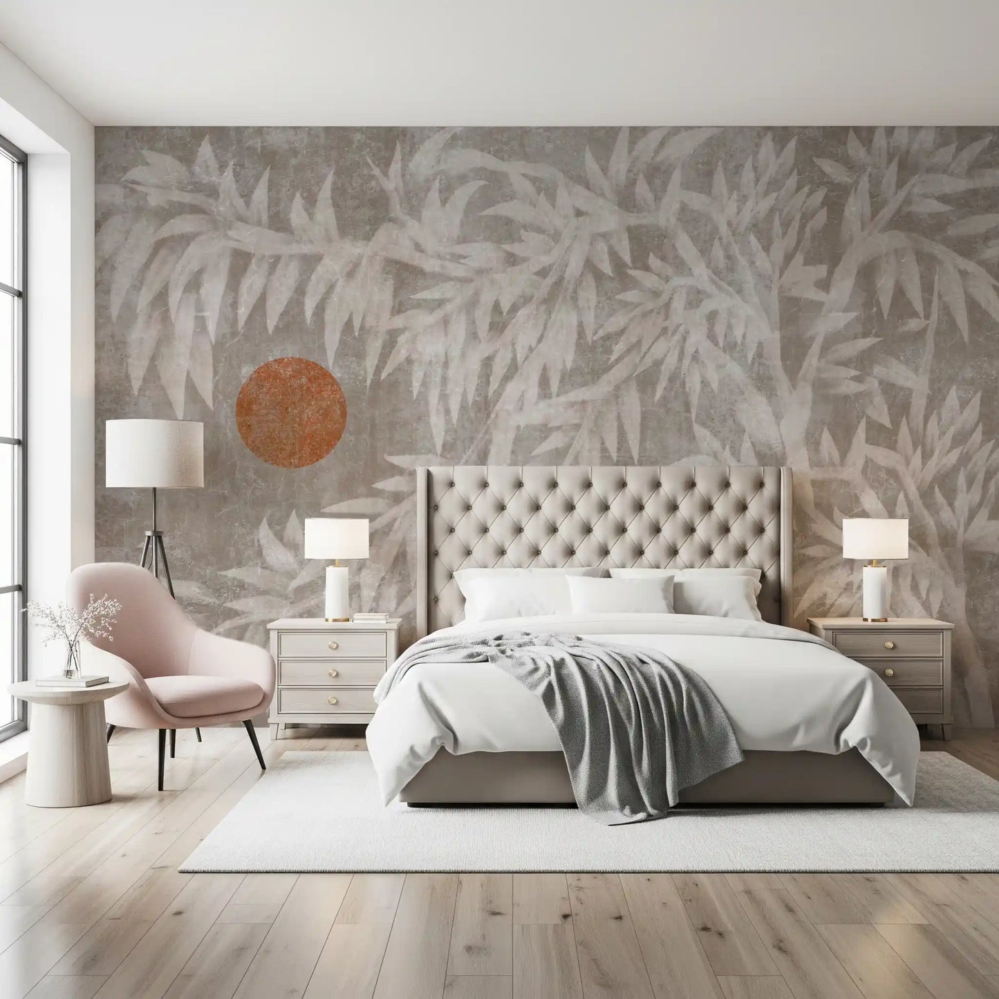 Rustic Japandi Sun and Foliage Wall Mural