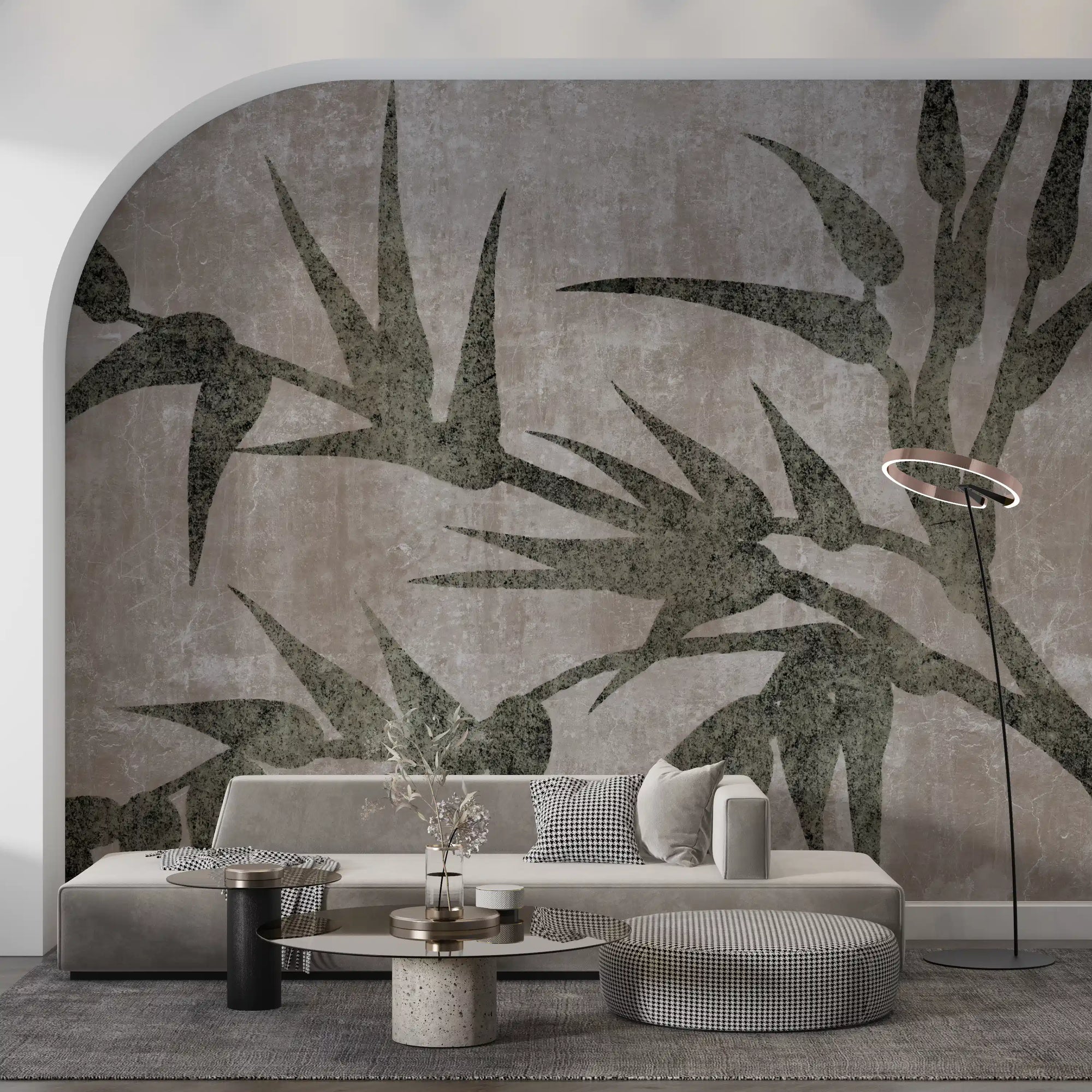 Moss green bamboo silhouette mural on warm taupe plaster backdrop in living room GD10898