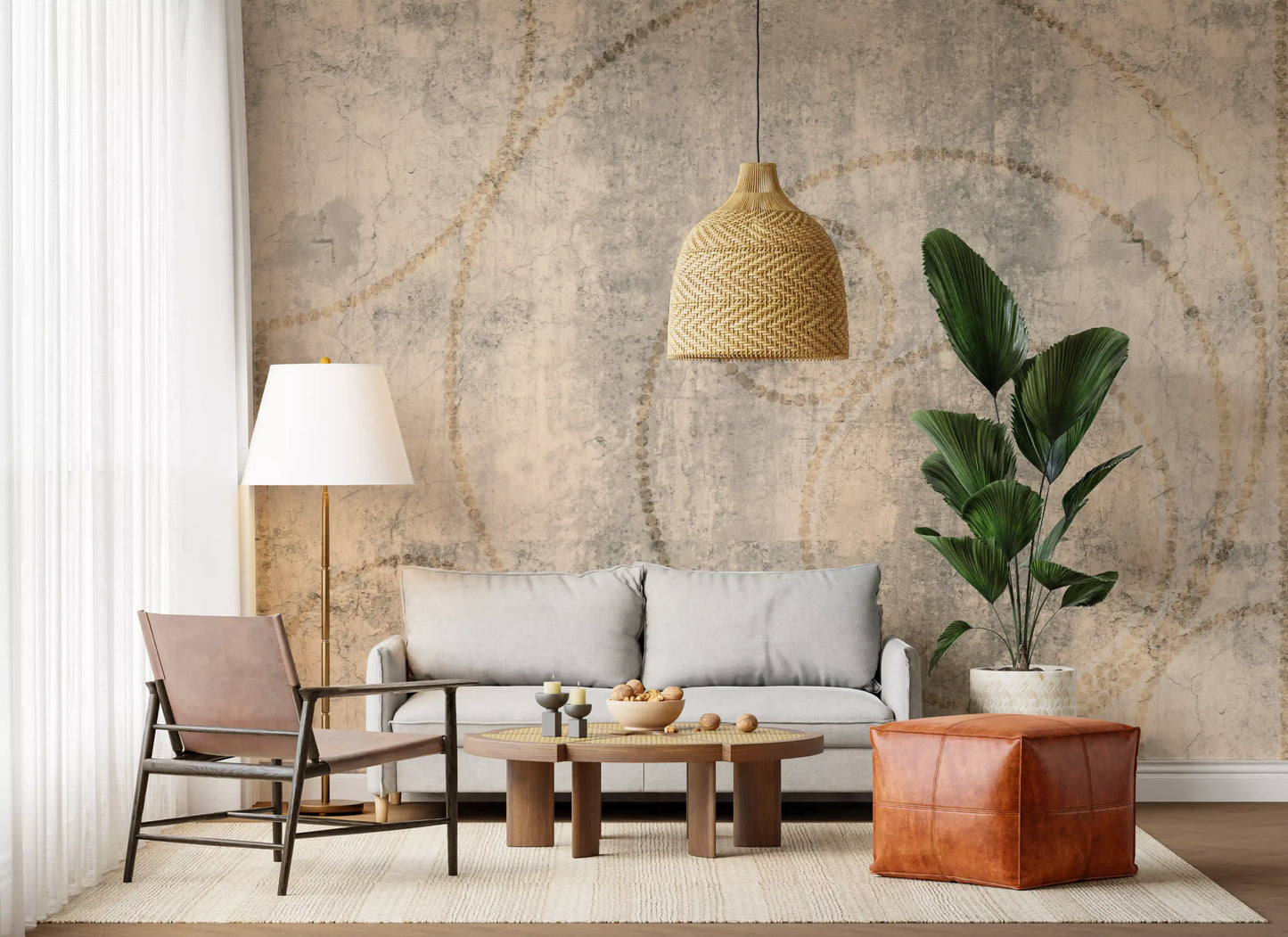 Distressed Concrete and Golden Beaded Circles Wall Mural
