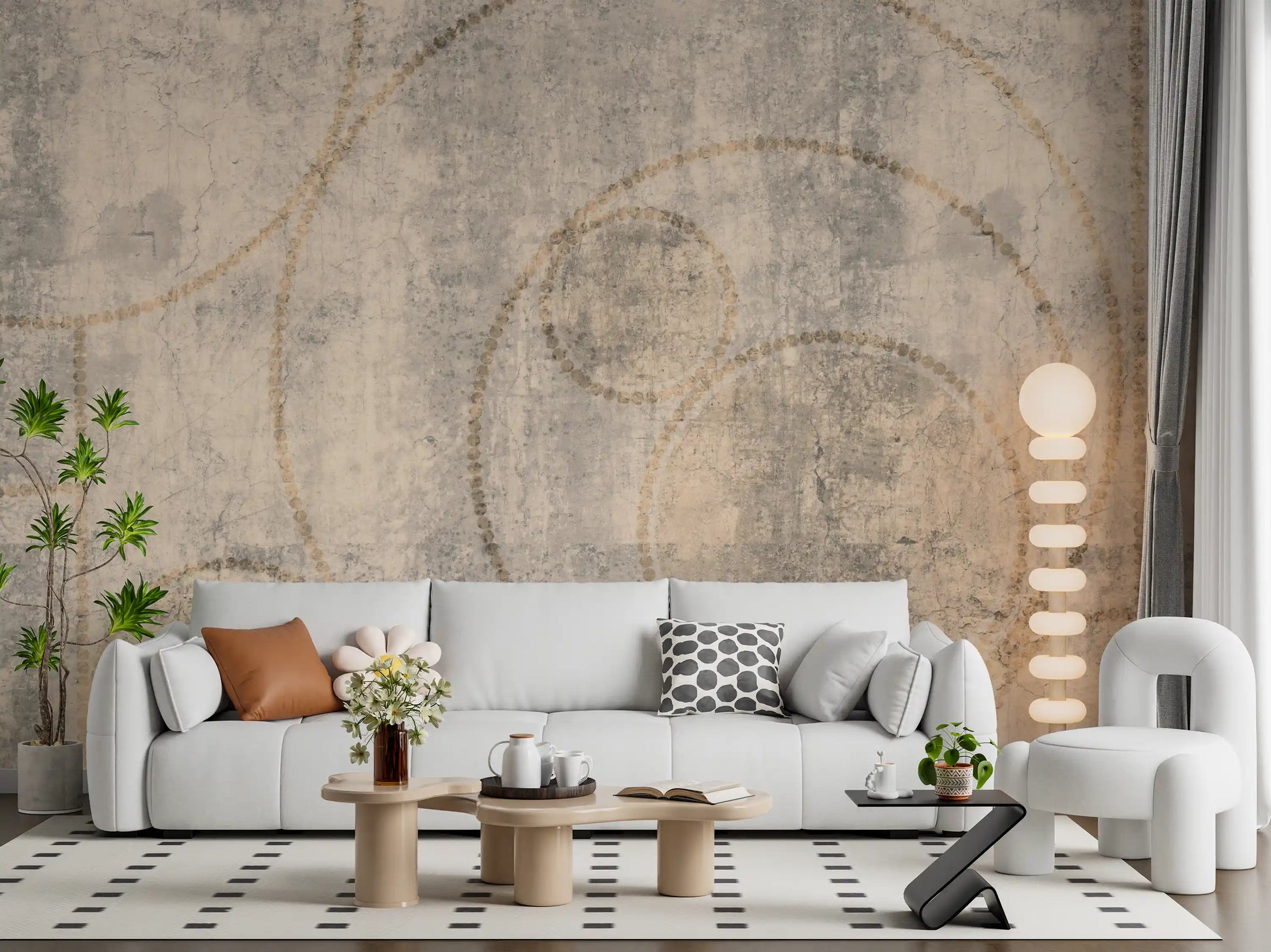 Distressed Concrete and Golden Beaded Circles Wall Mural