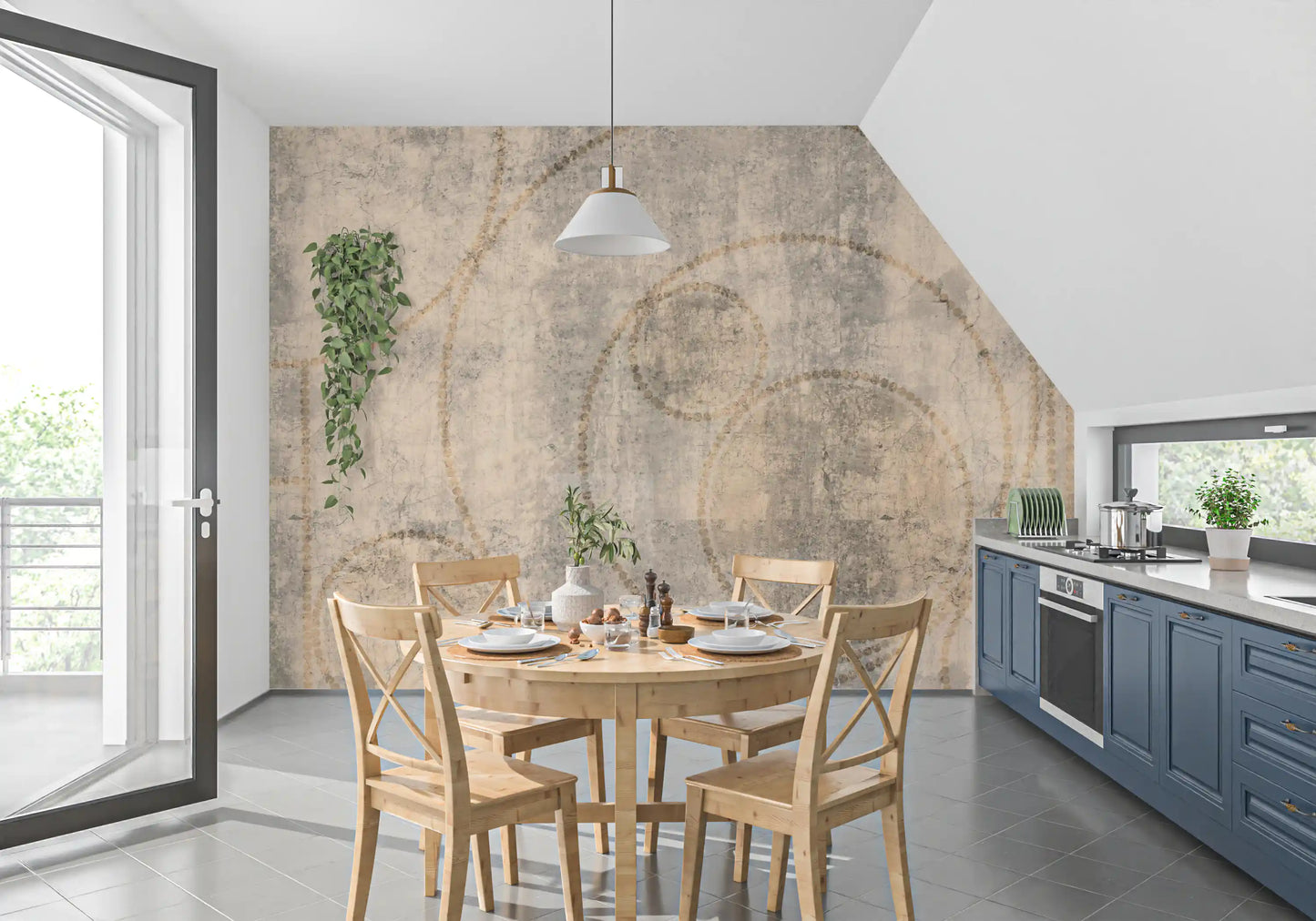 Distressed Concrete and Golden Beaded Circles Wall Mural