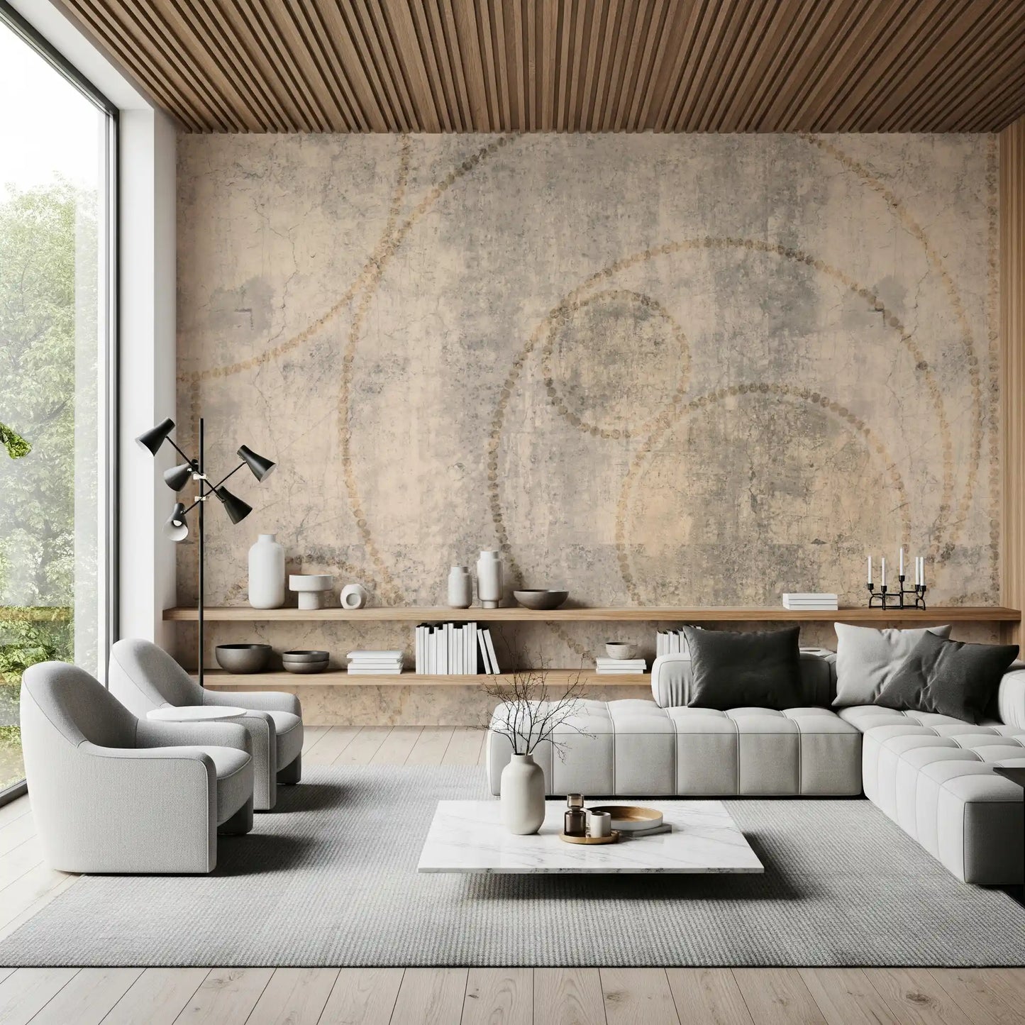 Distressed Concrete and Golden Beaded Circles Wall Mural