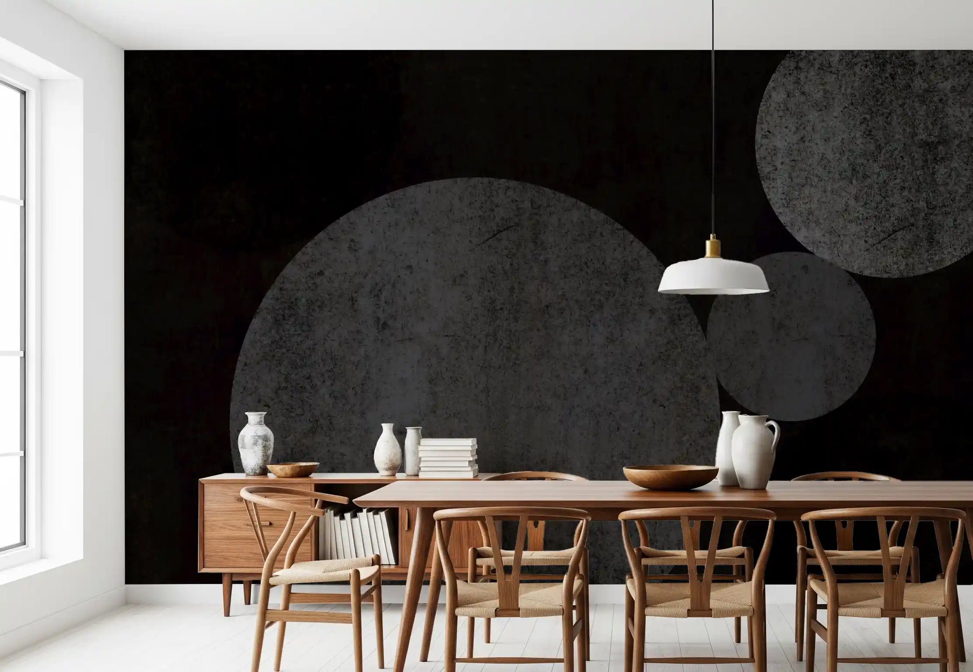 Chalky grey circles floating across a deep charcoal eclipse mural in dining room GD10901