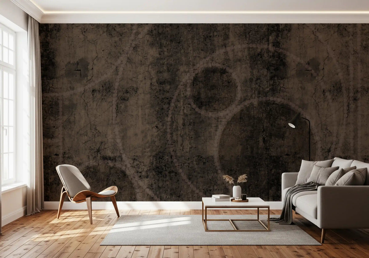 Distressed sepia and charcoal stone mural with beaded ring outlines in living room GD10901