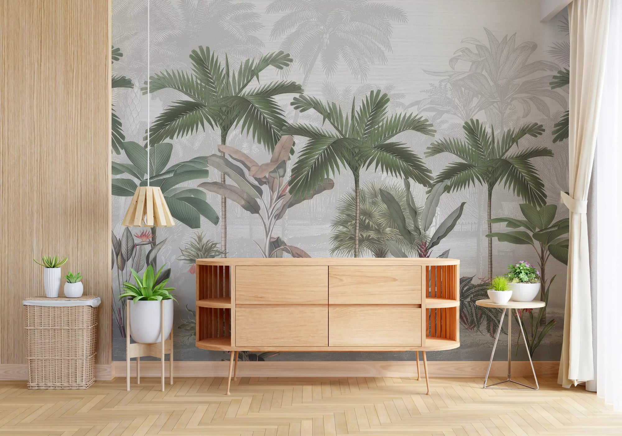 Vintage tropical botanical mural with palms and banana leaves in hallway GD10903