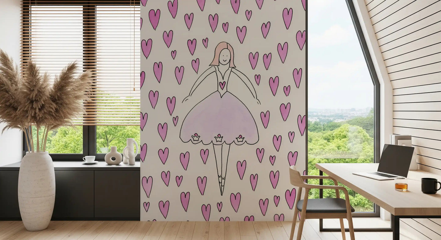 Sweet Ballerina and Pink Hearts Whimsical Wallpaper Wall Mural