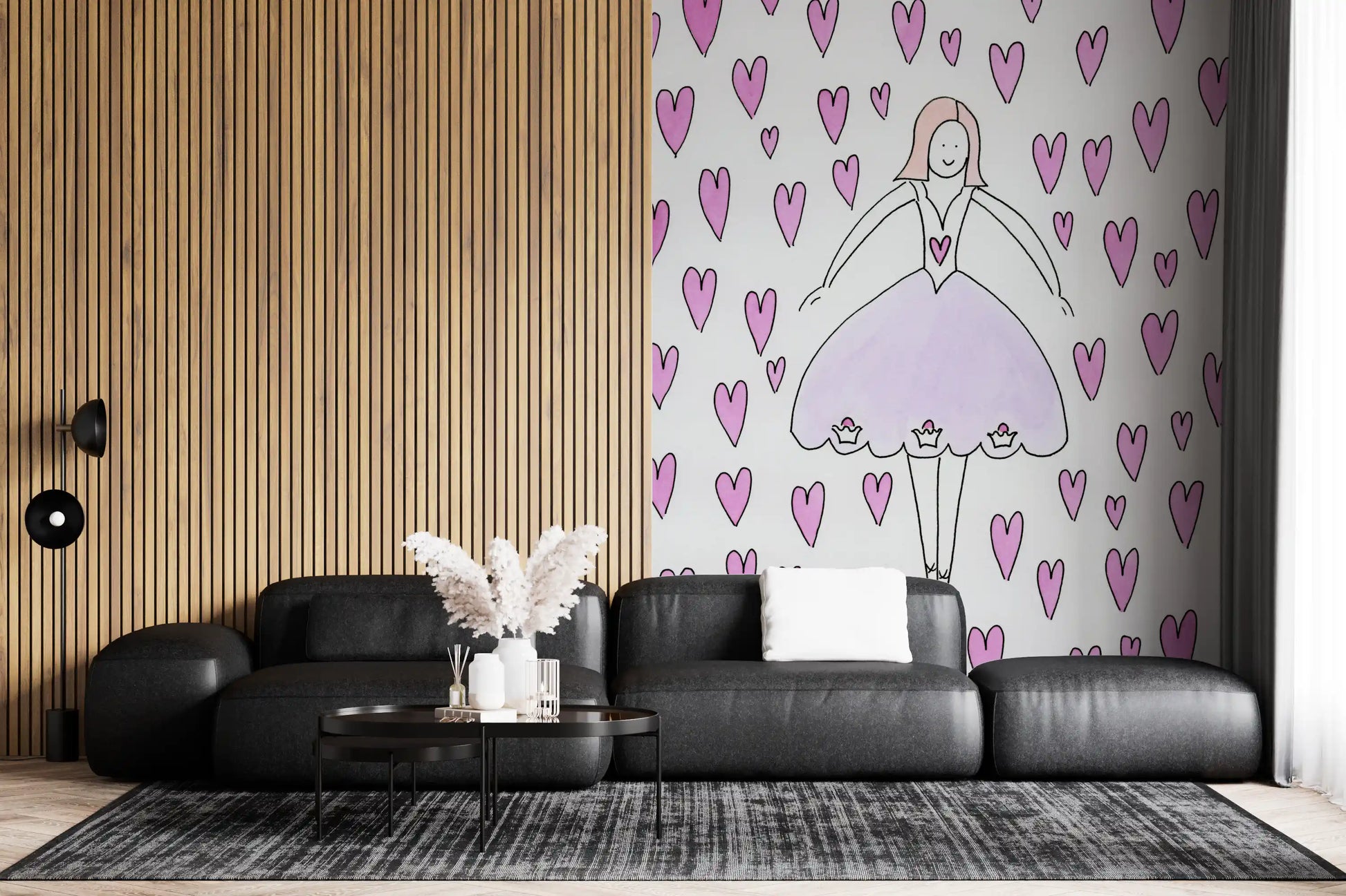 Sweet Ballerina and Pink Hearts Whimsical Wallpaper Wall Mural