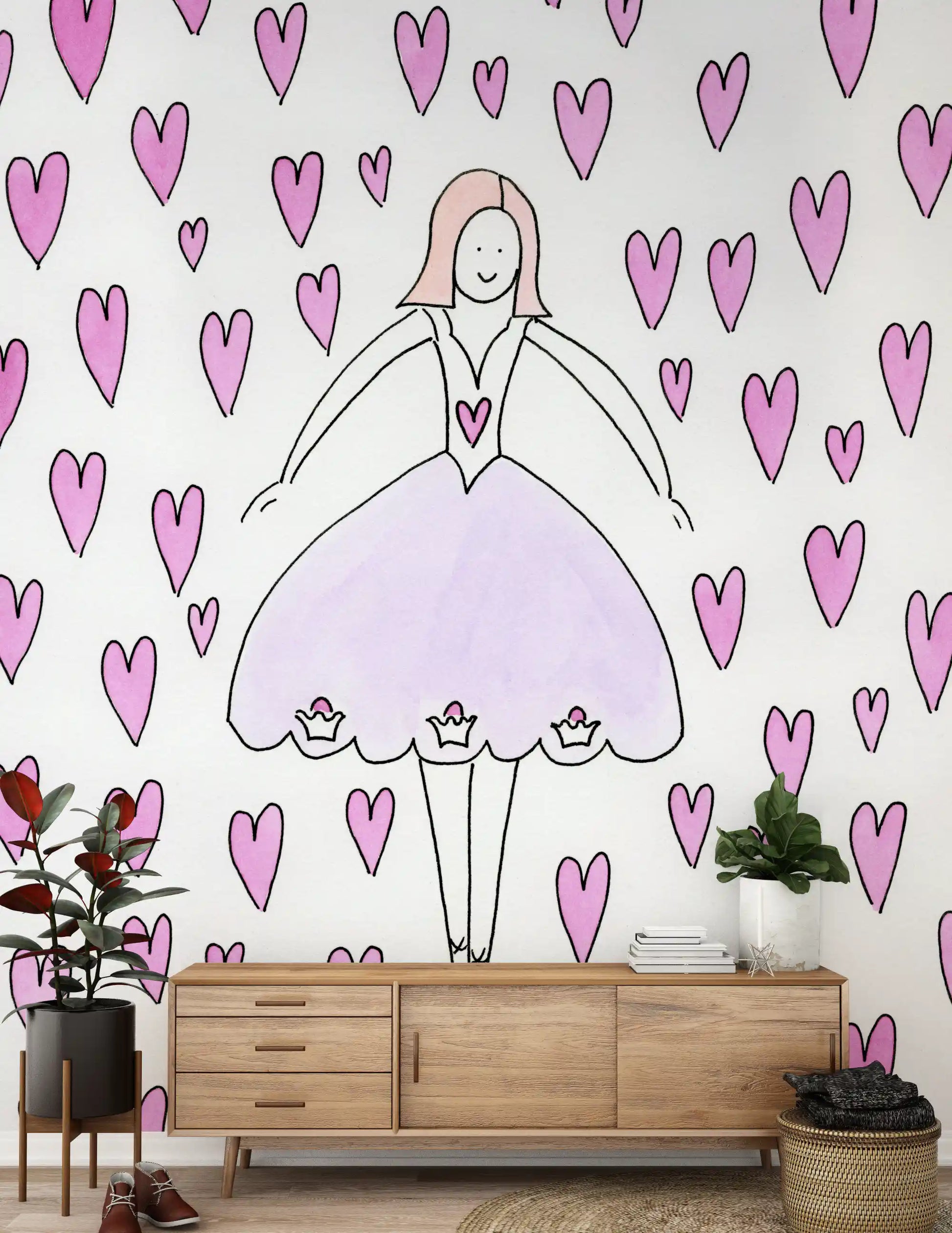 Sweet Ballerina and Pink Hearts Whimsical Wallpaper Wall Mural