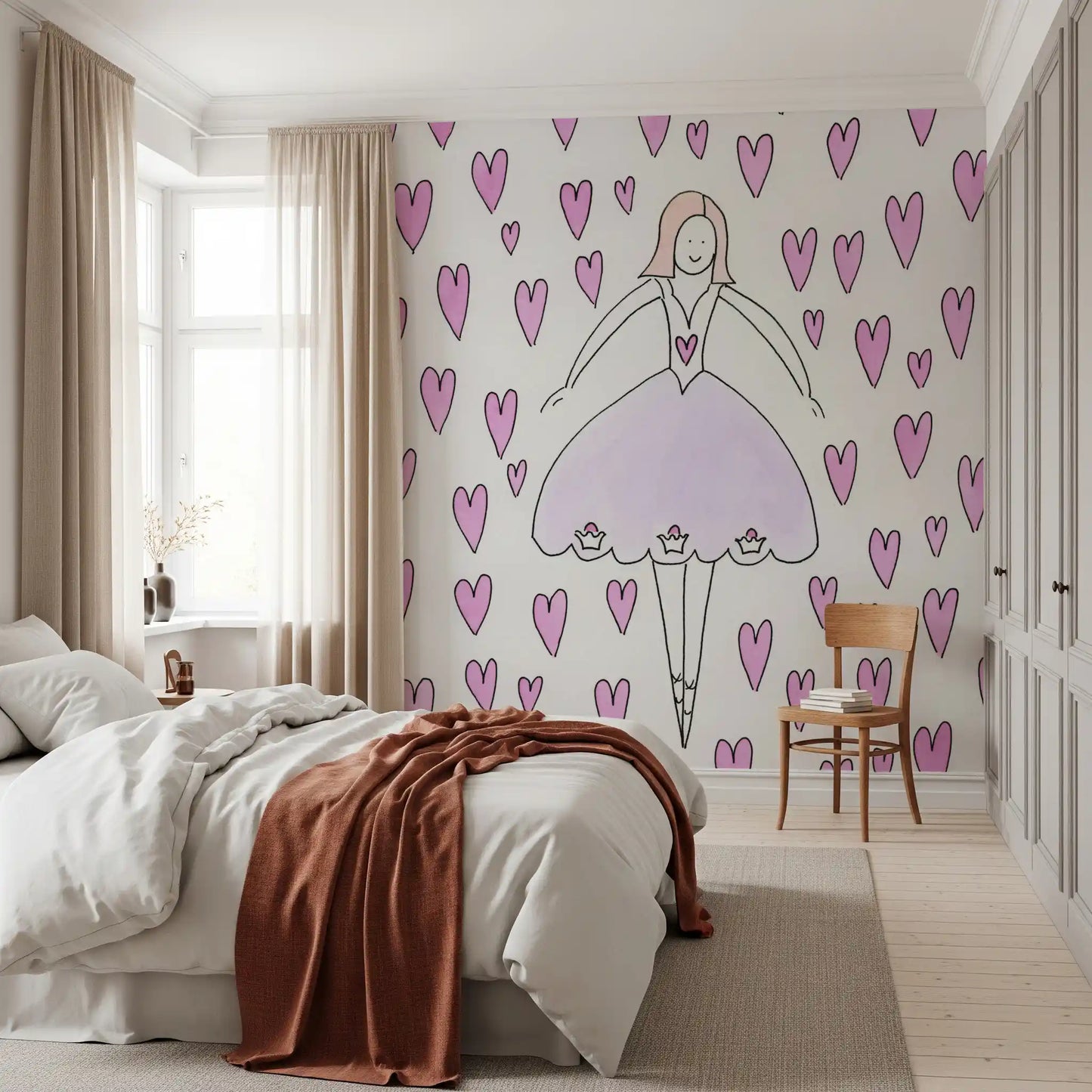 Sweet Ballerina and Pink Hearts Whimsical Wallpaper Wall Mural