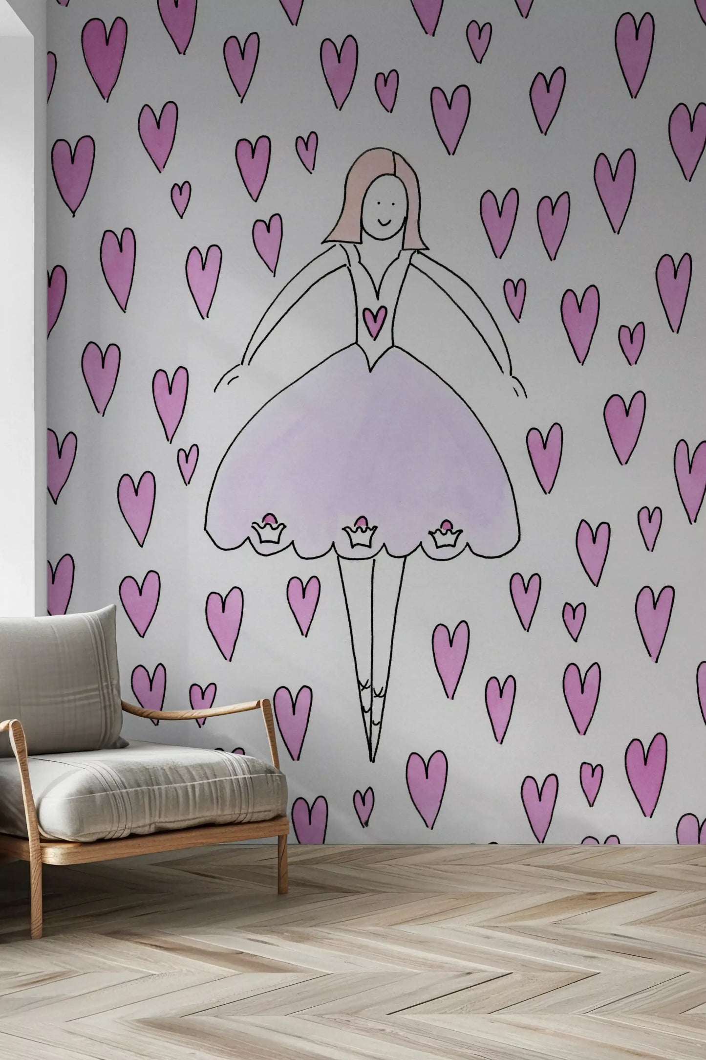 Sweet Ballerina and Pink Hearts Whimsical Wallpaper Wall Mural