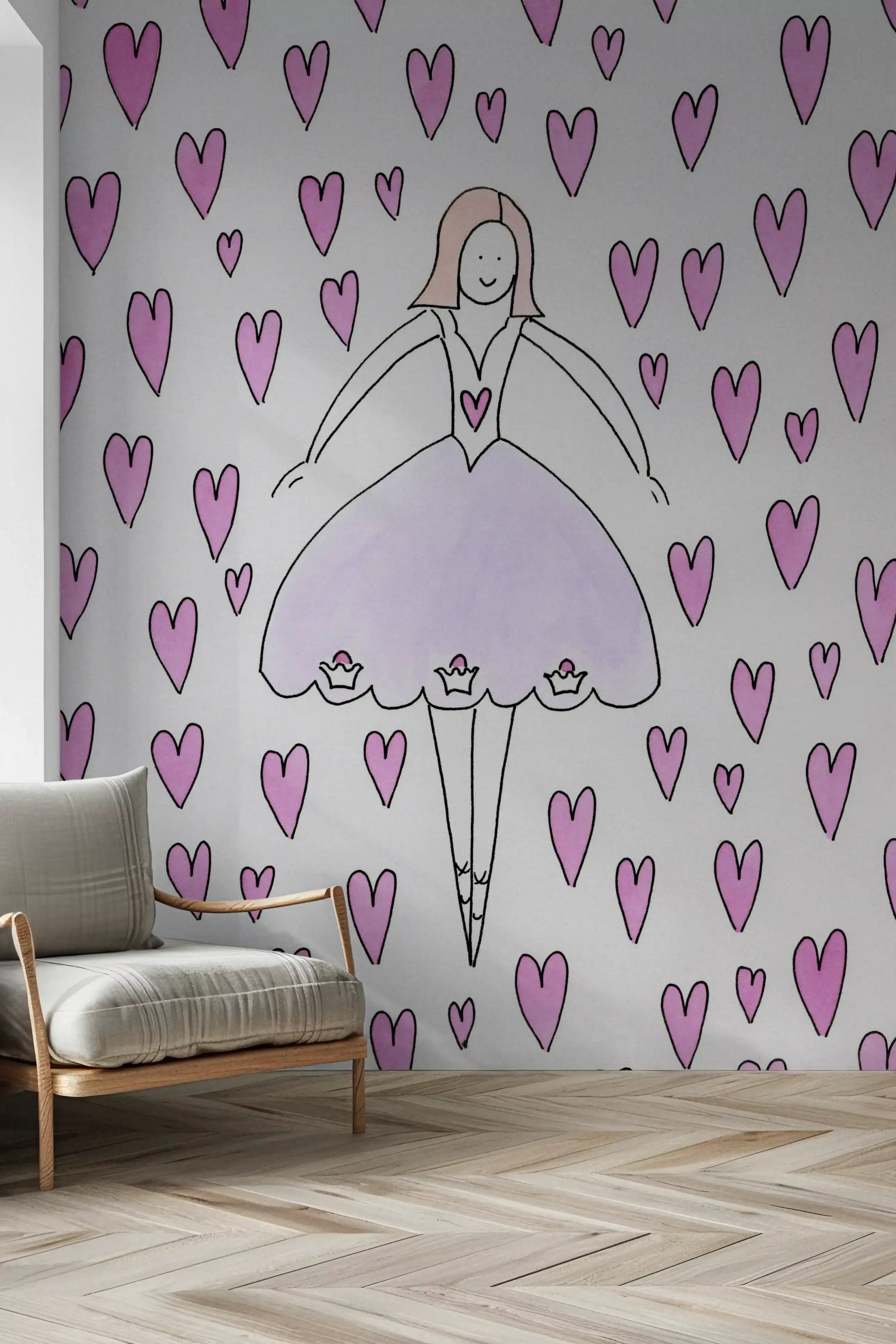 Sweet Ballerina and Pink Hearts Whimsical Wallpaper Wall Mural