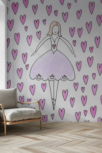 Sweet Ballerina and Pink Hearts Whimsical Wallpaper Wall Mural