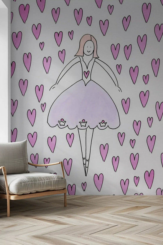 Whimsical ballerina mural in a lilac tutu with pink hearts scattered around for hallway GD10904