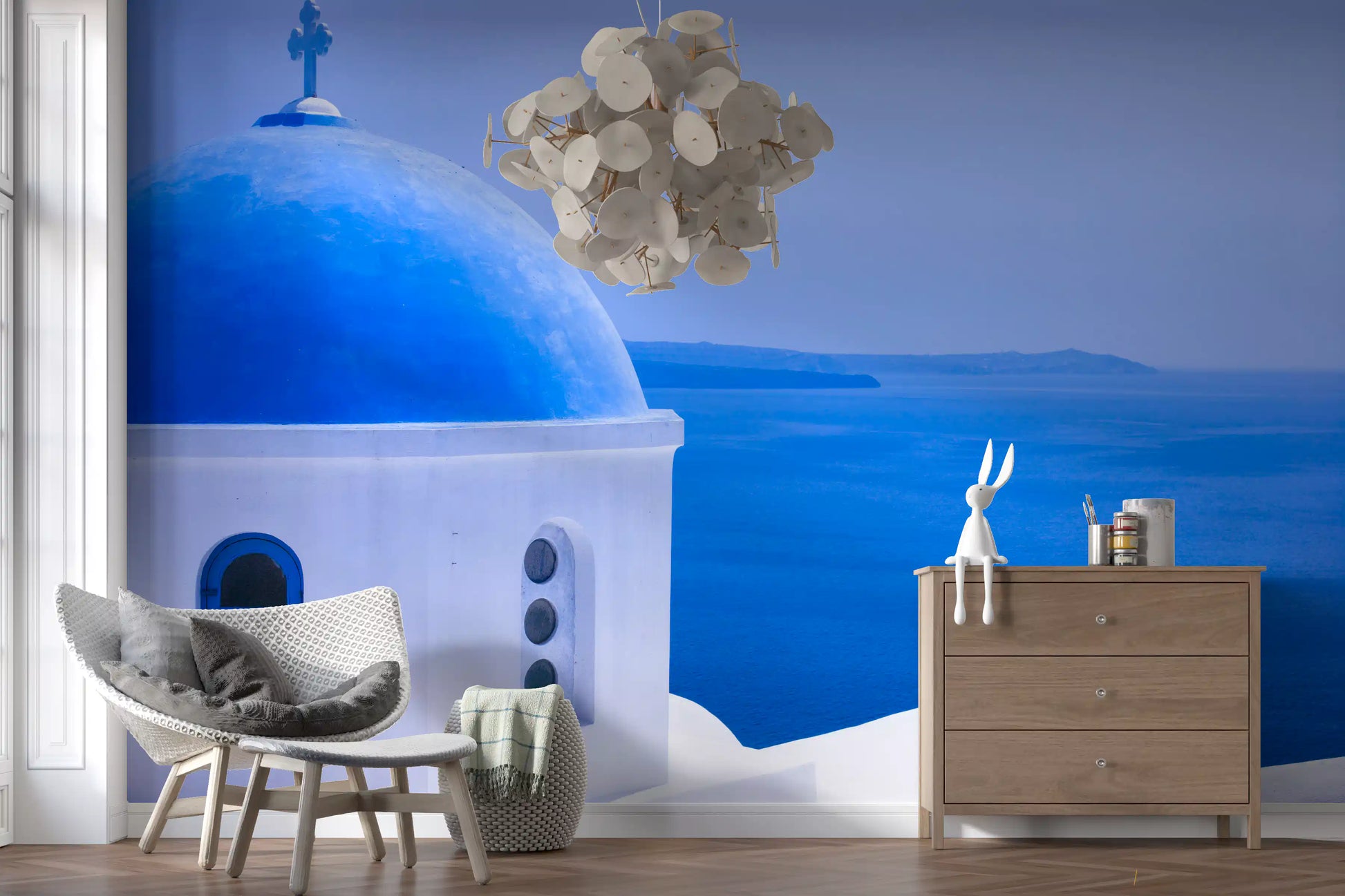 Aegean Serenity: Santorini Blue Dome Wall Mural