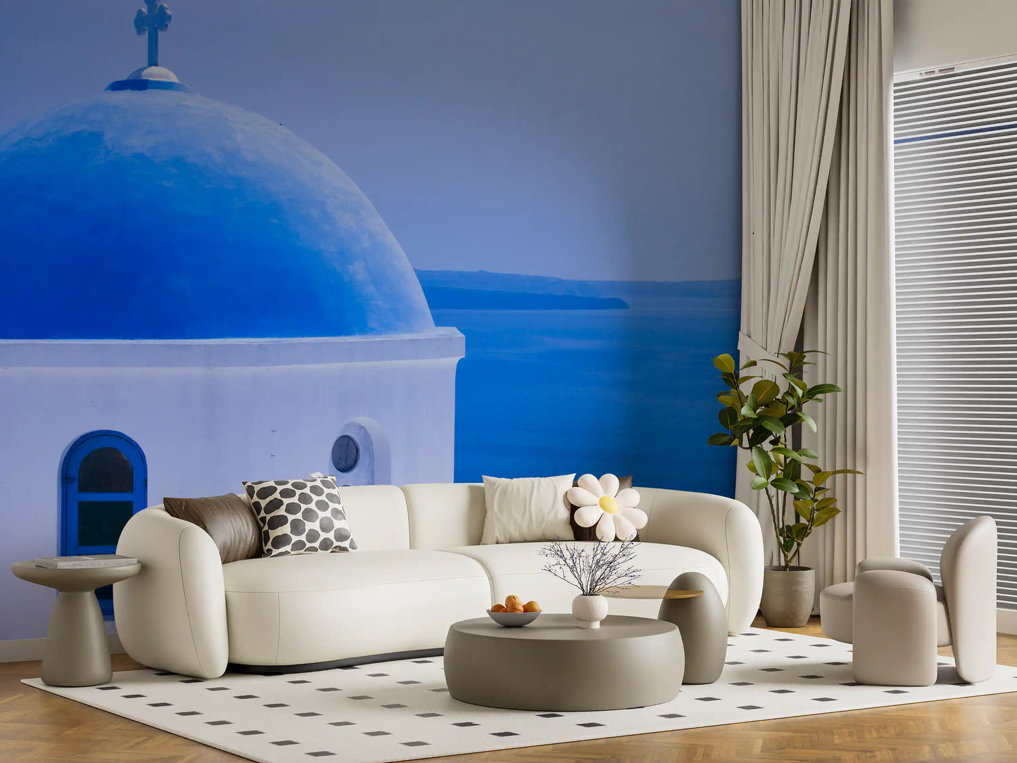 Aegean Serenity: Santorini Blue Dome Wall Mural