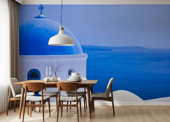 Santorini blue dome church overlooking a wide Aegean sea view mural in dining room GD10905